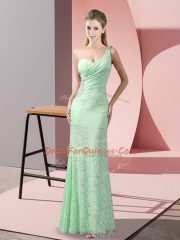 Artistic Apple Green Column/Sheath One Shoulder Sleeveless Lace Floor Length Criss Cross Beading and Lace
