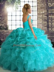 Elegant Off The Shoulder Sleeveless Vestidos de Quinceanera Floor Length Beading and Ruffles and Pick Ups Turquoise Organza