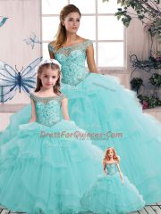 Floor Length Aqua Blue Quinceanera Dress Off The Shoulder Sleeveless Lace Up
