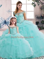 Floor Length Aqua Blue Quinceanera Dress Off The Shoulder Sleeveless Lace Up