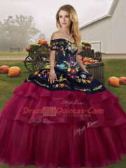 Exquisite Off The Shoulder Sleeveless Tulle Quinceanera Gowns Embroidery and Ruffled Layers Brush Train Lace Up