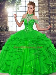 Floor Length Lace Up Quinceanera Gown Green for Military Ball and Sweet 16 and Quinceanera with Beading and Ruffles