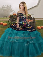 Sleeveless Tulle Brush Train Lace Up Sweet 16 Quinceanera Dress in Teal with Embroidery and Ruffled Layers