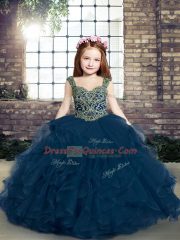 Dazzling Blue Sleeveless Beading and Ruffles Lace Up Girls Pageant Dresses