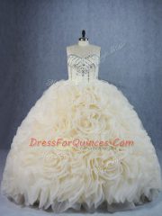 Champagne Fabric With Rolling Flowers Lace Up Sweetheart Sleeveless Quinceanera Dresses Brush Train Beading and Ruffles