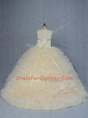 Champagne Fabric With Rolling Flowers Lace Up Sweetheart Sleeveless Quinceanera Dresses Brush Train Beading and Ruffles