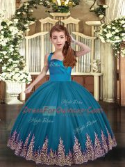 Teal Ball Gowns Appliques and Ruching Kids Pageant Dress Lace Up Tulle Sleeveless Floor Length