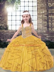 Gold Sleeveless Floor Length Beading and Ruffles Lace Up Kids Formal Wear