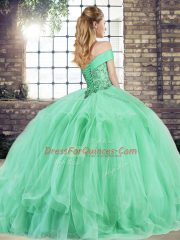 Sleeveless Tulle Floor Length Lace Up Quince Ball Gowns in Lavender with Beading and Ruffles