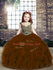 Floor Length Brown High School Pageant Dress Tulle Sleeveless Beading and Ruffles