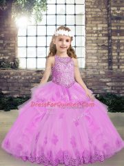 Top Selling Lilac Sleeveless Lace and Appliques Floor Length Girls Pageant Dresses