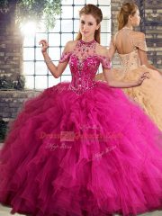 Beading and Ruffles Sweet 16 Dresses Fuchsia Lace Up Sleeveless Floor Length