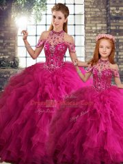 Beading and Ruffles Sweet 16 Dresses Fuchsia Lace Up Sleeveless Floor Length