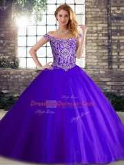 Tulle Off The Shoulder Sleeveless Brush Train Lace Up Beading Sweet 16 Quinceanera Dress in Purple
