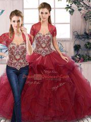 Nice Off The Shoulder Sleeveless Lace Up Quinceanera Dress Burgundy Tulle