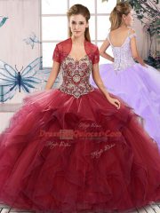 Nice Off The Shoulder Sleeveless Lace Up Quinceanera Dress Burgundy Tulle