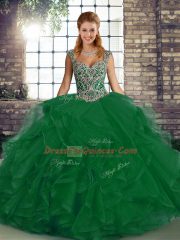 Spectacular Floor Length Green Sweet 16 Dress Tulle Sleeveless Beading and Ruffles