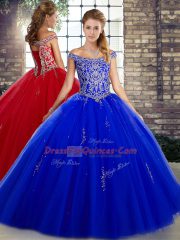 Dazzling Royal Blue Ball Gowns Tulle Off The Shoulder Sleeveless Beading Floor Length Lace Up Sweet 16 Quinceanera Dress
