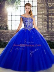 Dazzling Royal Blue Ball Gowns Tulle Off The Shoulder Sleeveless Beading Floor Length Lace Up Sweet 16 Quinceanera Dress