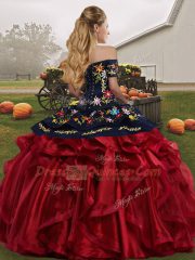 Floor Length Red And Black Sweet 16 Dresses Organza Sleeveless Embroidery and Ruffles