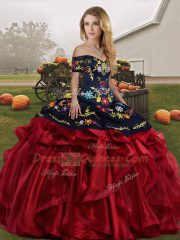 Floor Length Red And Black Sweet 16 Dresses Organza Sleeveless Embroidery and Ruffles