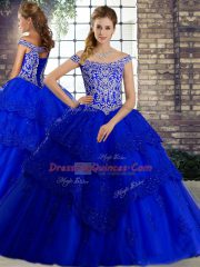 Cheap Off The Shoulder Sleeveless Brush Train Lace Up Quinceanera Gown Royal Blue Tulle