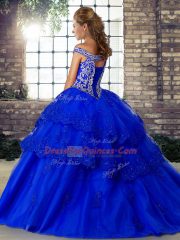 Cheap Off The Shoulder Sleeveless Brush Train Lace Up Quinceanera Gown Royal Blue Tulle