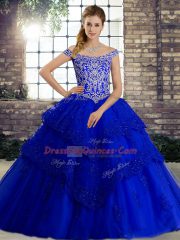 Cheap Off The Shoulder Sleeveless Brush Train Lace Up Quinceanera Gown Royal Blue Tulle