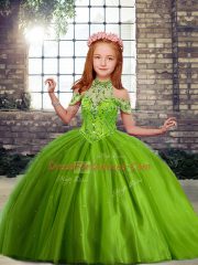 Discount Olive Green Ball Gowns Off The Shoulder Sleeveless Tulle Floor Length Lace Up Beading Little Girl Pageant Dress