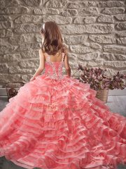 Latest Yellow Green Straps Lace Up Beading and Ruffled Layers Pageant Dress for Teens Brush Train Sleeveless