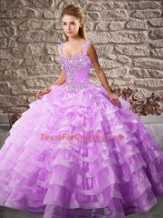 Captivating Ball Gowns 15th Birthday Dress Lilac Straps Organza Sleeveless Floor Length Lace Up