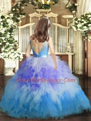 Sleeveless Tulle Floor Length Backless Child Pageant Dress in Multi-color with Lace and Ruffles