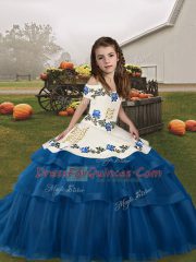 Blue Glitz Pageant Dress Party and Wedding Party with Embroidery and Ruffled Layers Straps Sleeveless Lace Up