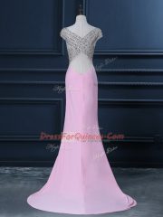 Trendy Pink Cap Sleeves Court Train Beading Homecoming Dress