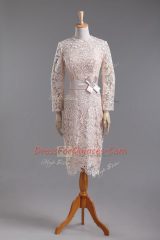 Long Sleeves Tea Length Lace and Belt Zipper Evening Dress with Champagne