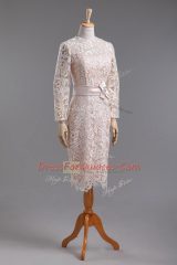 Long Sleeves Tea Length Lace and Belt Zipper Evening Dress with Champagne