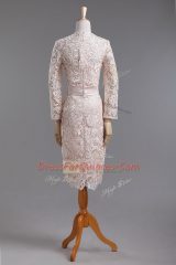 Long Sleeves Tea Length Lace and Belt Zipper Evening Dress with Champagne