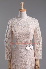 Long Sleeves Tea Length Lace and Belt Zipper Evening Dress with Champagne