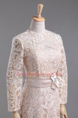 Long Sleeves Tea Length Lace and Belt Zipper Evening Dress with Champagne