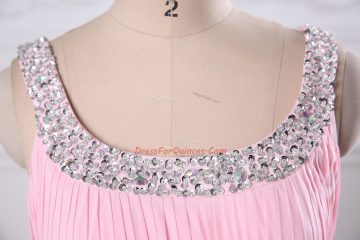 Custom Design Baby Pink Homecoming Dress Prom and Party and Military Ball with Beading and Ruching Scoop Sleeveless Side Zipper