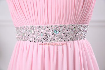 Custom Design Baby Pink Homecoming Dress Prom and Party and Military Ball with Beading and Ruching Scoop Sleeveless Side Zipper