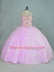 Lilac Ball Gowns Ruffles Quinceanera Gowns Lace Up Tulle Sleeveless Floor Length