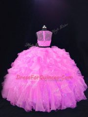 Beading and Ruffles 15 Quinceanera Dress Pink Zipper Sleeveless Floor Length