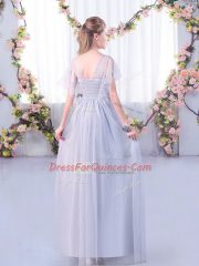 Yellow Green Short Sleeves Lace and Belt Floor Length Damas Dress