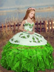 Sleeveless Lace Up Floor Length Embroidery and Ruffles Little Girls Pageant Dress Wholesale