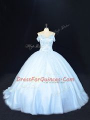 Blue Off The Shoulder Neckline Beading Quinceanera Dress Sleeveless Lace Up