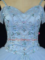 Blue Off The Shoulder Neckline Beading Quinceanera Dress Sleeveless Lace Up