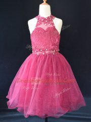 Superior Mini Length Hot Pink Girls Pageant Dresses Organza Sleeveless Beading and Lace