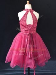 Superior Mini Length Hot Pink Girls Pageant Dresses Organza Sleeveless Beading and Lace