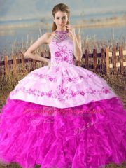 Delicate Fuchsia Sweet 16 Dresses Sweet 16 and Quinceanera with Embroidery and Ruffles Halter Top Sleeveless Court Train Lace Up
